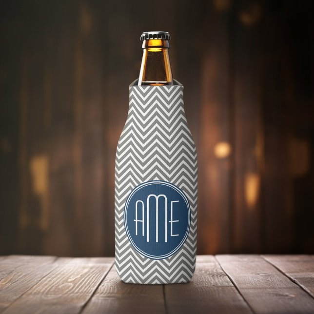 Navy and Grey Chevron Pattern Custom Monogram Bottle Cooler (Personalized Bottle Cooler - Add Name or Custom Text)