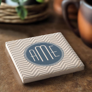 Navy and Grey Chevron Pattern Custom Monogram Stone Coaster