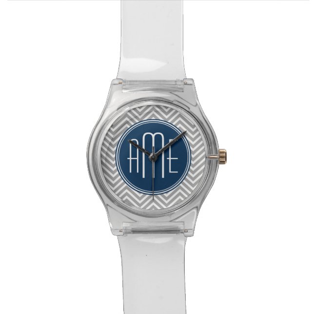Navy and Grey Chevron Pattern Custom Monogram Watch (Close Up)