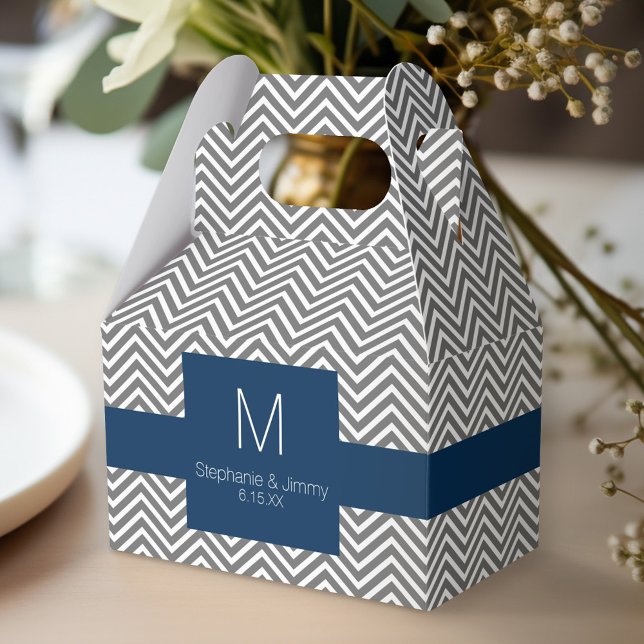 Navy and Grey Chevron Pattern Monogram Wedding Favor Box (Personalized favor box - monogram wedding)