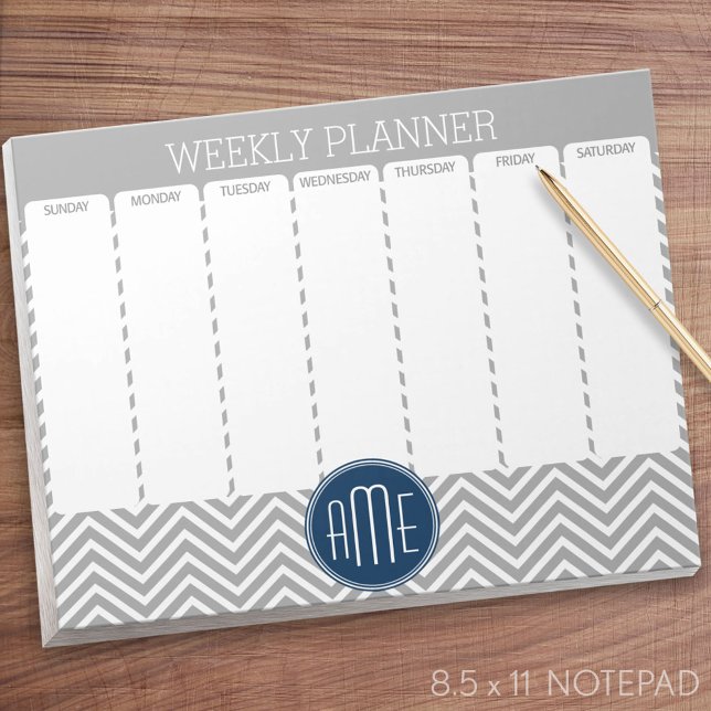 Navy and Grey Chevron Pattern Weekly Planner Notepad (Weekly Planner Notepad - Personalized)