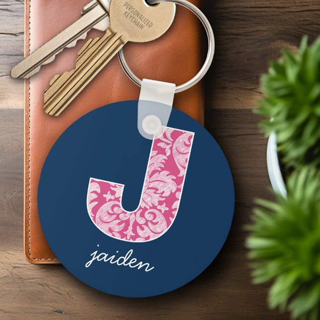 Navy and Hot Pink Damask Pattern Monogram Letter J Keychain (Personalized Keychain - Modern Monogram)