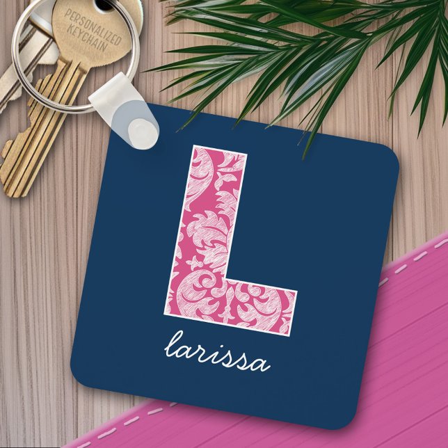 Navy and Hot Pink Damask Pattern Monogram Letter L Keychain (Personalized keychain - add a monogram and name)