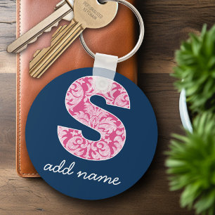 Navy and Hot Pink Damask Pattern Monogram Letter S Keychain