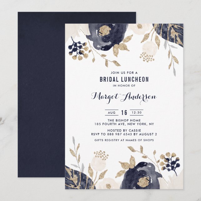 Navy and Ivory Flowers Gold Foil Bridal Luncheon Invitation (Front/Back)