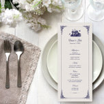 Navy and Ivory Vintage Ship Wedding Menu Cards<br><div class="desc">Chic elegant nautical wedding menu card design with a whimsical vintage illustration of a boat with two birds and an ornate flourish border. Design features traditional serif typography and a scroll banner. A beautiful and unique design, perfect for a nautical beach wedding! Click the CUSTOMIZE IT button to customize fonts,...</div>