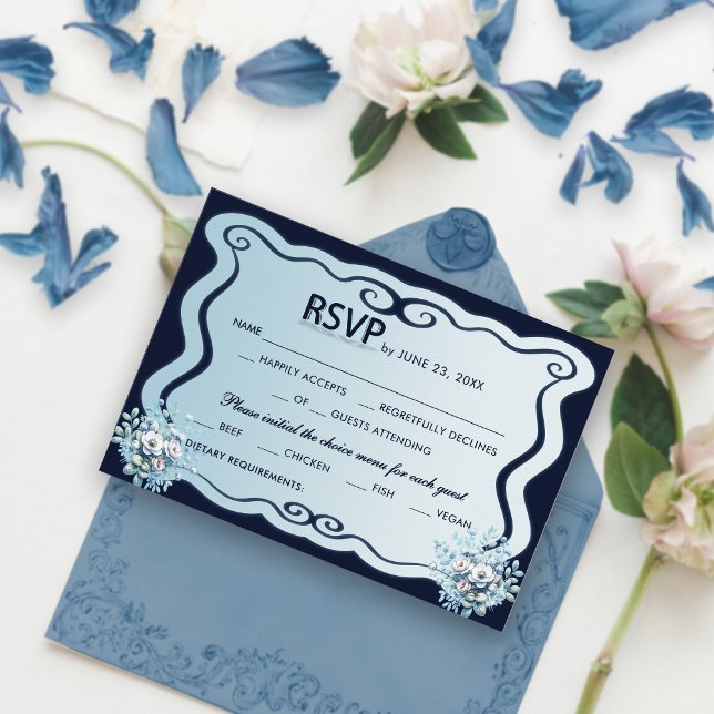 Navy and Light Blue Chic Boho Floral Wedding RSVP  Card (Creator Uploaded)