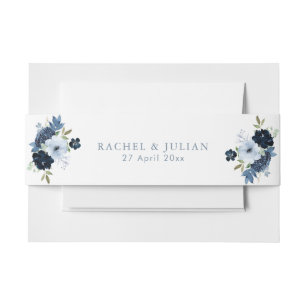 Navy and light Blue floral belly band Invitation Belly Band