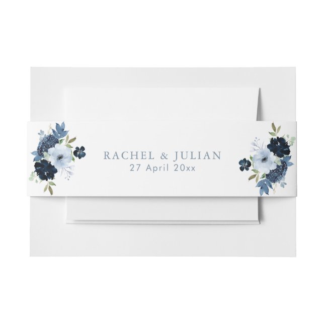 Navy and light Blue floral belly band Invitation Belly Band (Front Example)