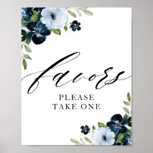 navy and light blue floral favours sign
