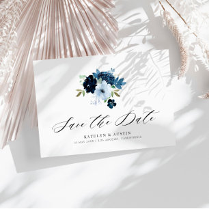 navy and light blue floral save the date postcard