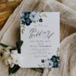 Navy and light blue floral script wedding invitation<br><div class="desc">watercolor navy blue and light blue flowers with a gold frame and elegant text. The colours and text can be personalized.</div>