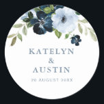 navy and light blue floral wedding classic round sticker<br><div class="desc">navy and light blue flowers. The text details and colours can be edited.</div>