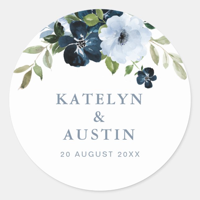 navy and light blue floral wedding classic round sticker (Front)