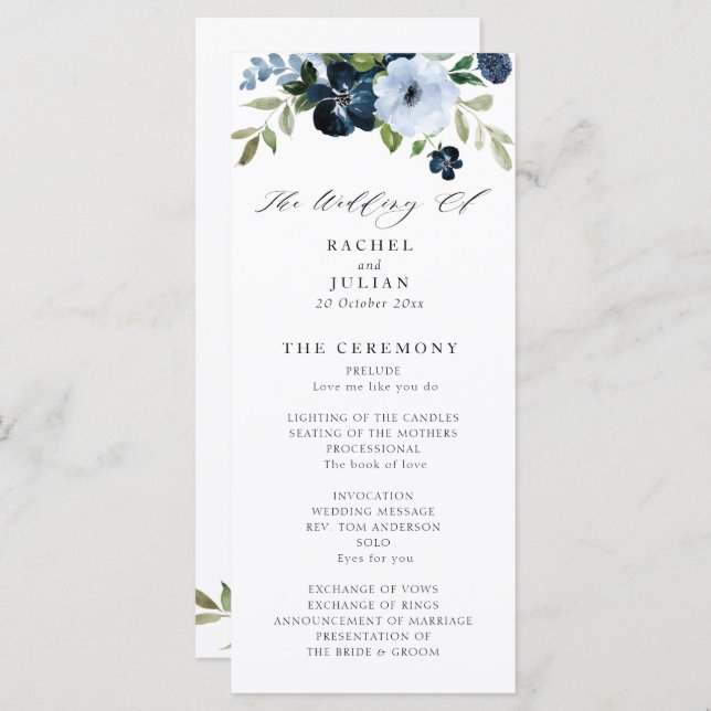 navy and light blue floral wedding program (Front/Back)