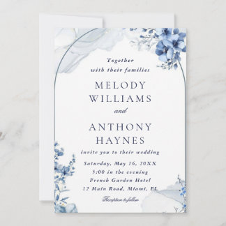 Navy and light blue watercolor floral wedding invitation