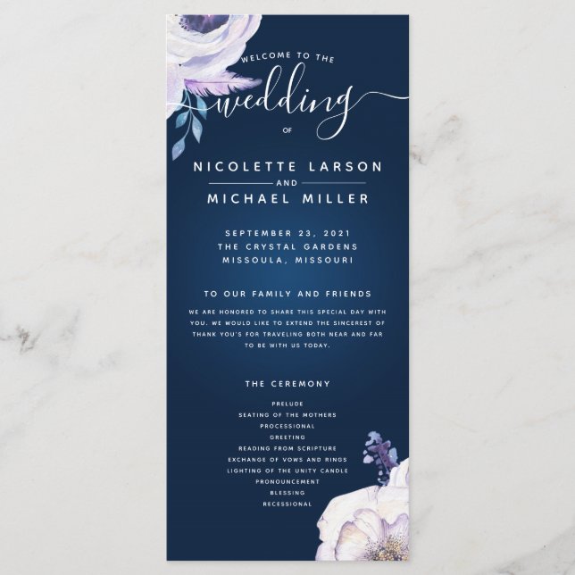 Navy and Lilac Rose Wedding Ceremony Program (Front)