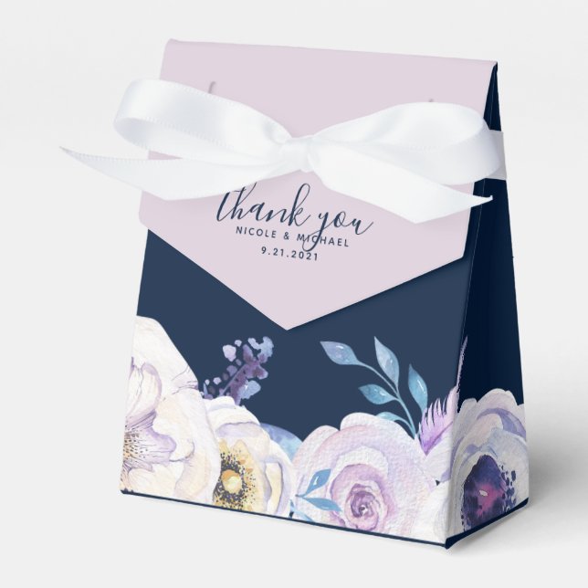 Navy and Lilac Rose Wedding Favor Box (Front Side)