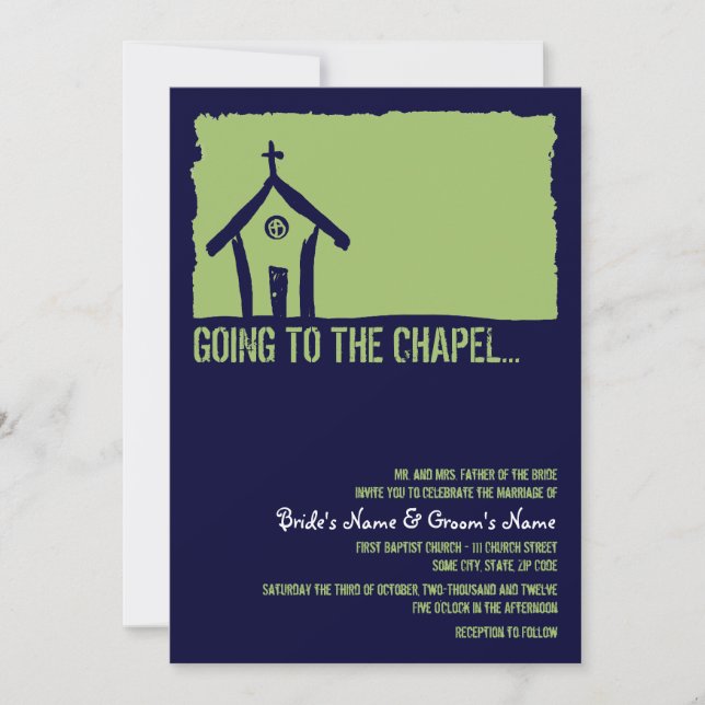 Navy and Lime Chapel Wedding Invitation (Front)