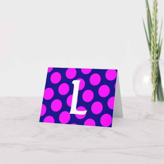 Navy and Magenta Polka Dot Monogram Note Card (Front)