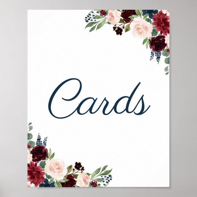 Navy and Marsala Floral Wedding Cards Sign (Front)