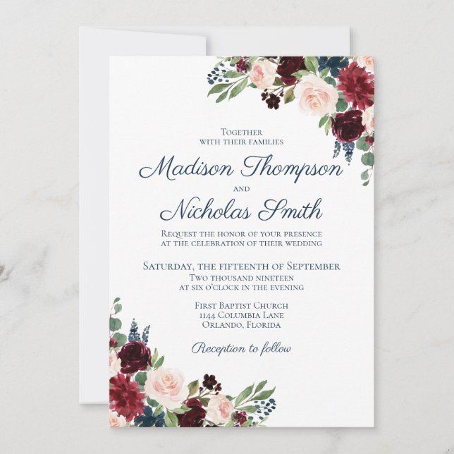 Navy and Marsala Floral Wedding Invitation Cards (Front)