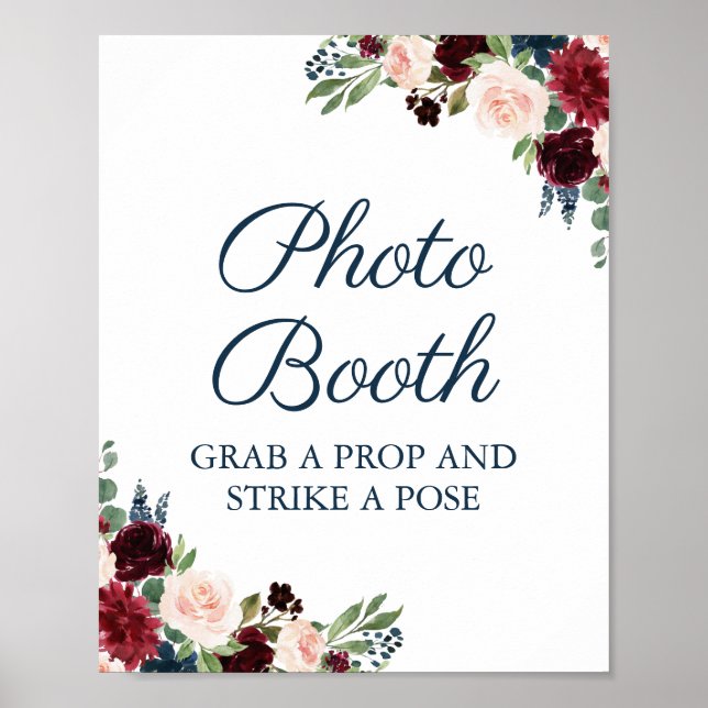 Navy and Marsala Floral Wedding Photo Booth Sign (Front)