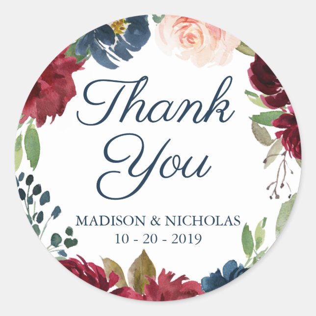 Navy and Marsala Floral Wedding Stickers Thank You (Front)