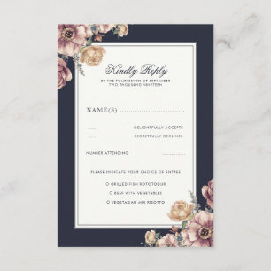 Navy and Mauve Floral Elegant Vintage Wedding RSVP