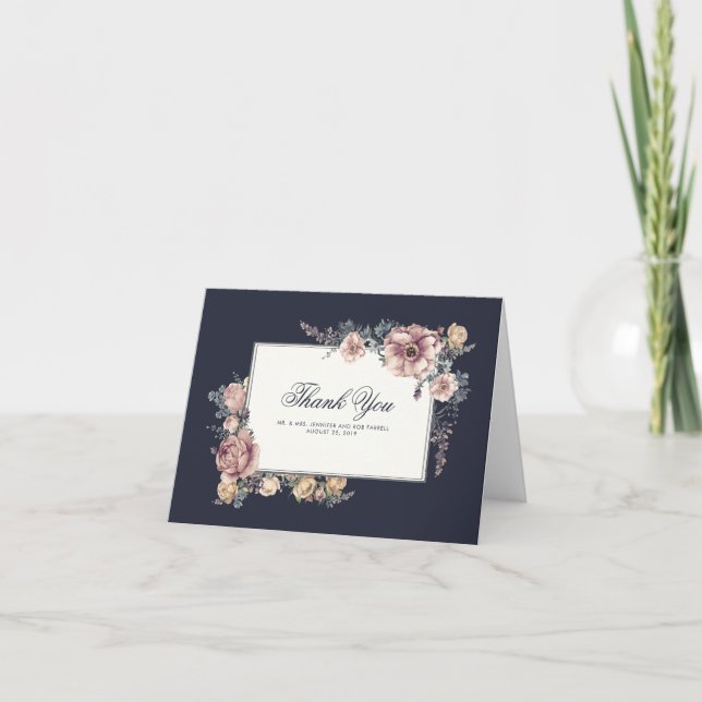 Navy and Mauve Floral Elegant Wedding Thank You (Front)