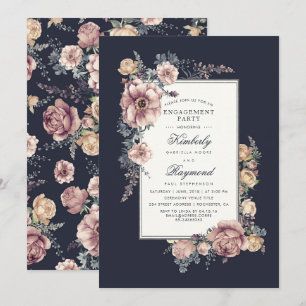 Navy and Mauve Vintage Floral Engagement Party Invitation