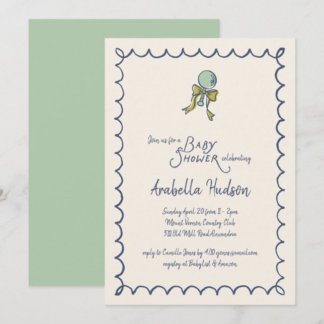 Navy and Mint Doodle Rattle and Bow Baby Shower Invitation (Front/Back)