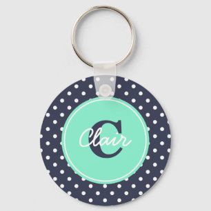 Navy and Mint Dots, Initial, and Name Keychain