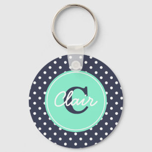 Navy and Mint Dots, Initial, and Name Keychain