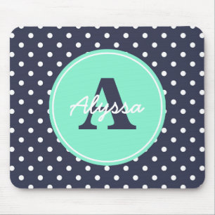 Navy and Mint Dots, Initial, and Name Mouse Pad