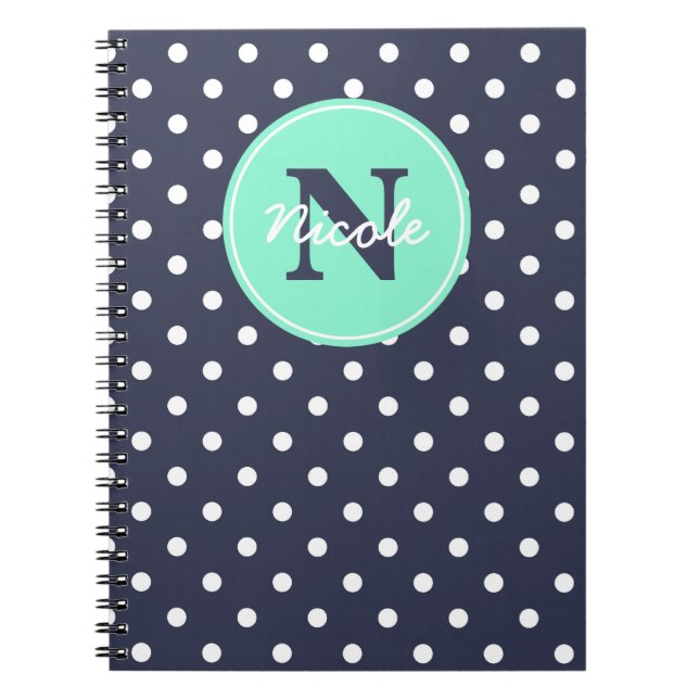 Navy and Mint Dots, Initial, and Name Notebook (Front)