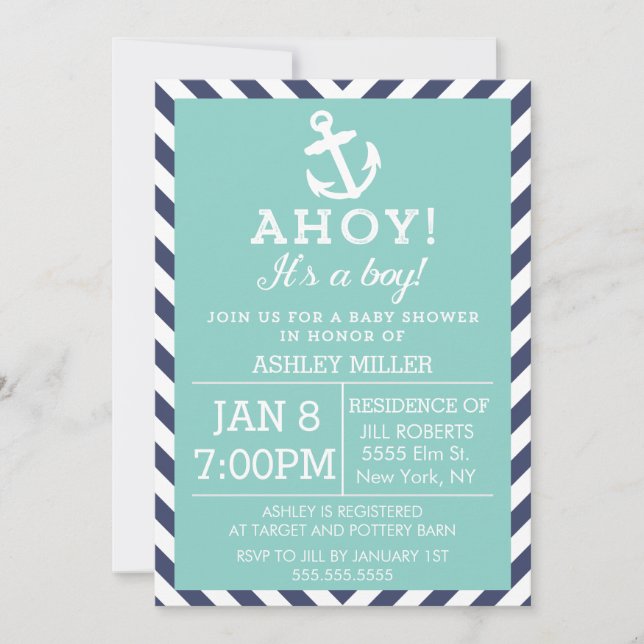 Navy and Mint Nautical Chevron Baby Shower Invitation (Front)
