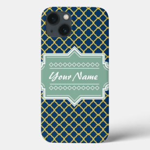 Navy and Mint Quatrefoil Personalized iPhone 13 Case