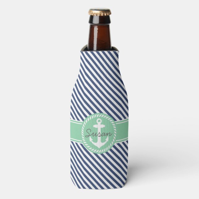 Navy and Mint Stripes Nautical Anchor Monogram Bottle Cooler (Bottle Front)