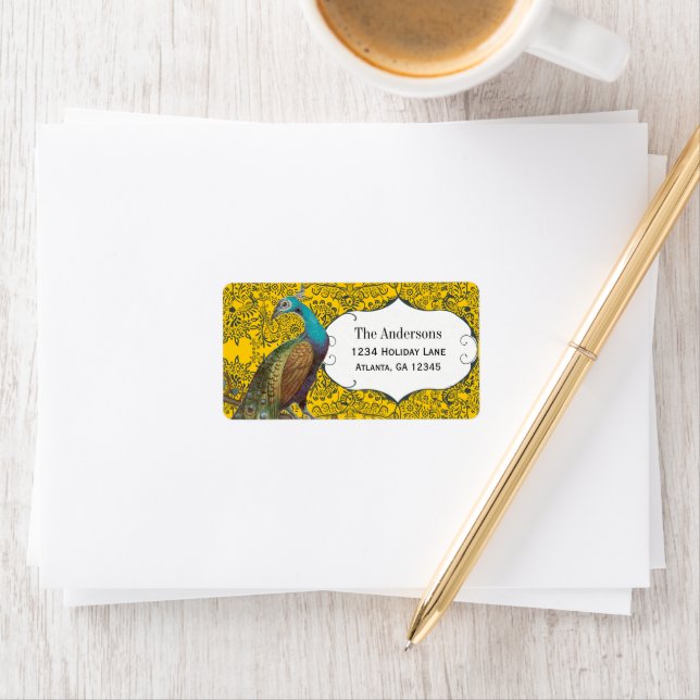 Navy and Mustard Peacock Love Bird Label (Insitu)