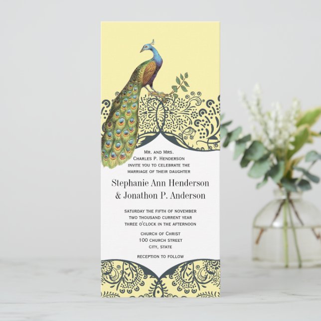 Navy and Mustard Peacock Love Bird Pattern Wedding Invitation (Standing Front)