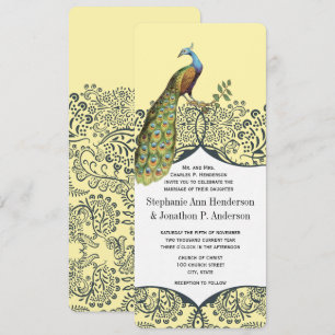 Navy and Mustard Peacock Love Bird Pattern Wedding Invitation