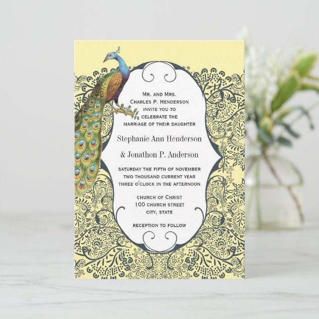 Navy and Mustard Peacock Love Bird Pattern Wedding Invitation (Standing Front)