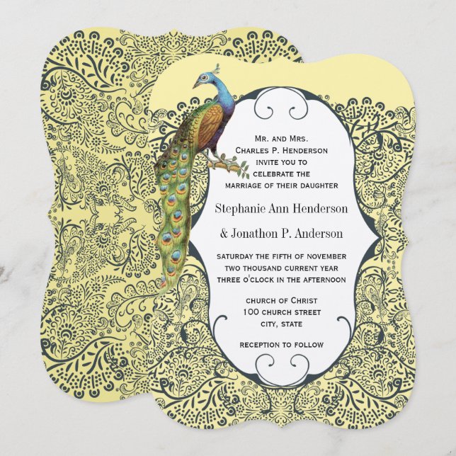 Navy and Mustard Peacock Love Bird Pattern Wedding Invitation (Front/Back)