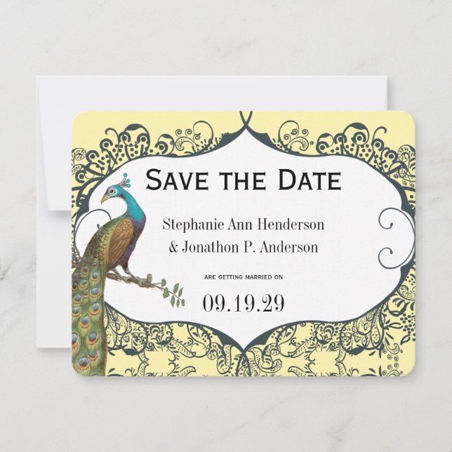 Navy and Mustard Peacock Love Bird Save the Date Invitation (Front)
