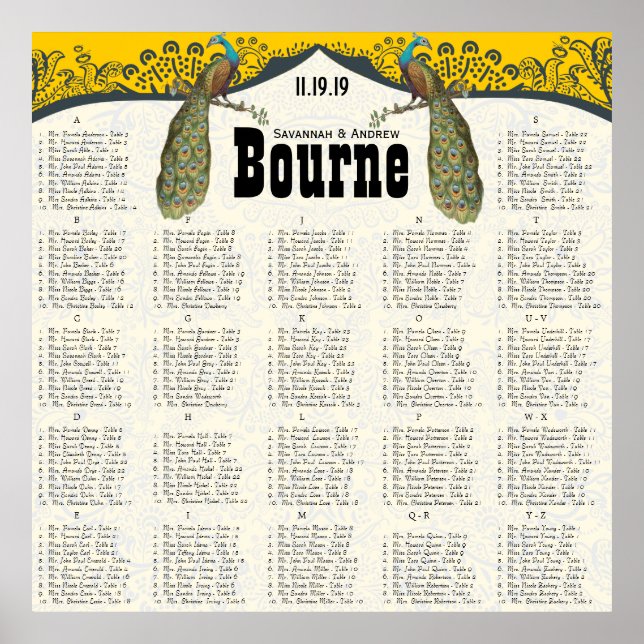 Navy and Mustard Peacock Love Bird Seating Chart (Front)