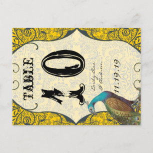Navy and Mustard Peacock Love Bird Table Number Postcard