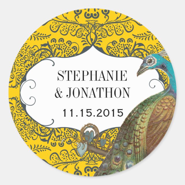 Navy and Mustard Peacock Love Bird Wedding Seal (Front)