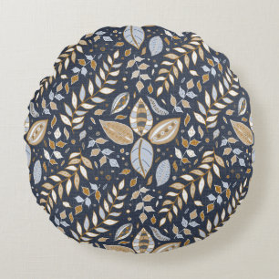 Navy and Mustard Vintage Botanical Garden Round Pillow