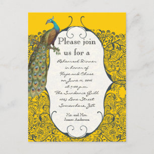 Navy and Mustard Yellow Peacock Rehearsal Dinner Postcard